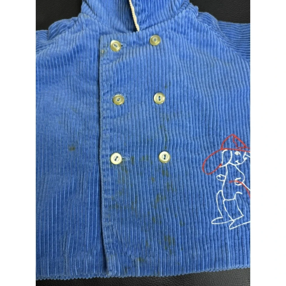 Vintage 70s Corduroy Baby Set Blue Jacket Pants Kangaroo Firefighter USA 18M